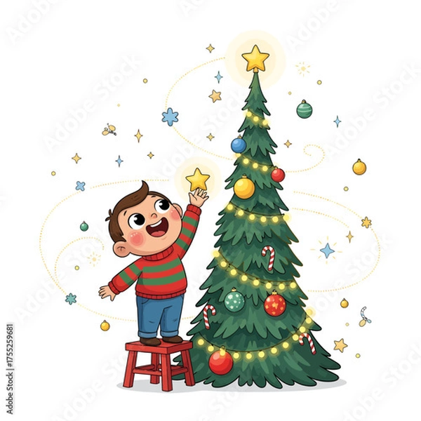 Obraz A happy young boy in a striped sweater decorates a Christmas tree with ornaments and lights.