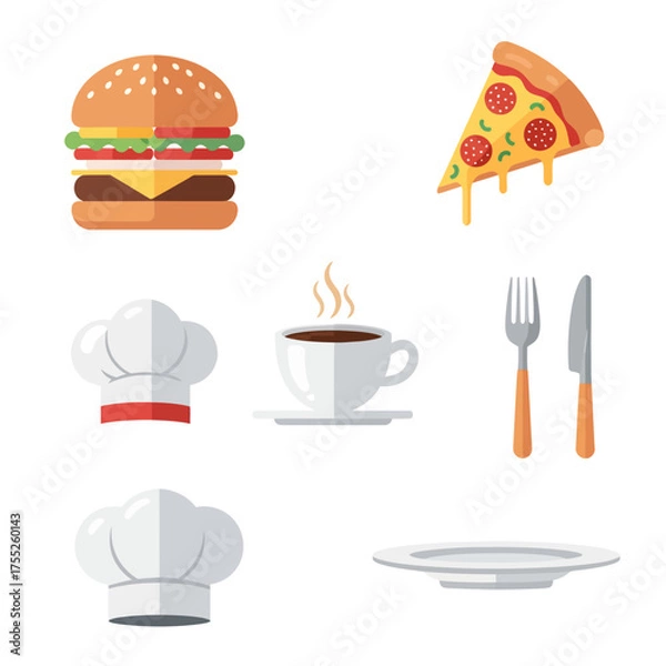 Obraz A collection of flat design icons representing food and culinary elements, including a burger, pizza, coffee, chef hats, and cutlery.
