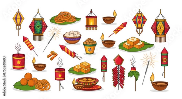 Obraz Festive Diwali illustration with lanterns, sweets, firecrackers, and diyas arranged on a white background.