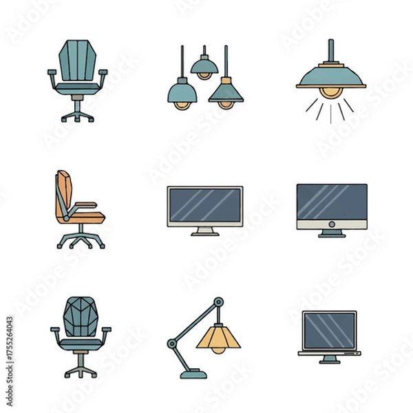 Fototapeta Office furniture and equipment arranged neatly on white backdrop showcasing minimalist style and modern workspace design with clean lines and simple shapes.