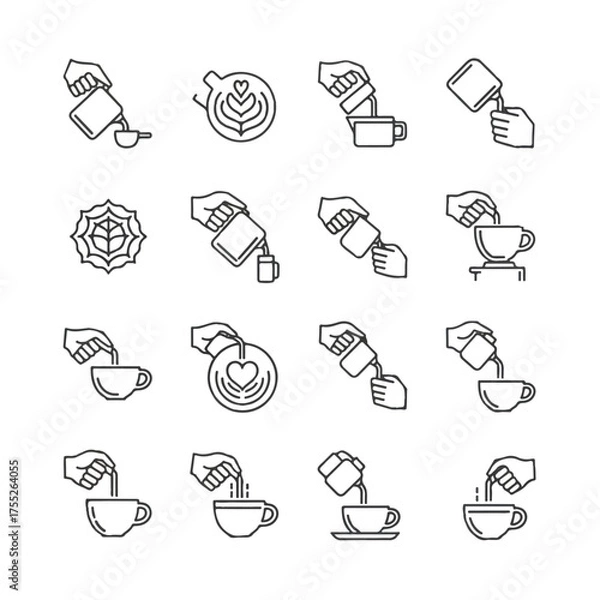 Fototapeta Hand pouring milk into coffee cup creating latte art on white table, showcasing the process of making a delicious drink in a minimalist style.