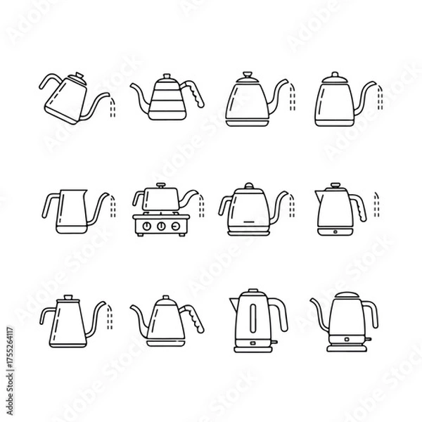 Fototapeta Various teapots and kettles depicted in a minimalist line art style, showcasing different designs for brewing hot beverages in a modern kitchen setting.