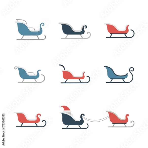 Fototapeta Various christmas sleighs arranged on white surface showcasing different styles and colors, creating festive and playful winter holiday atmosphere.