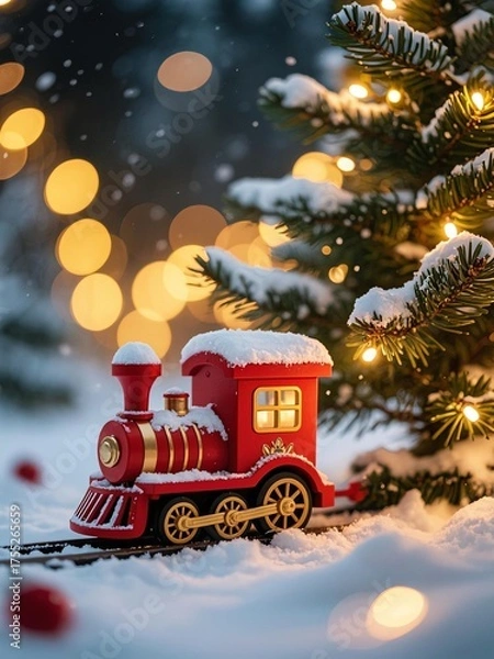 Fototapeta Realistic red Christmas toy train with snow beside lit pine tree, snowy ground and warm golden bokeh lights for cozy festive night