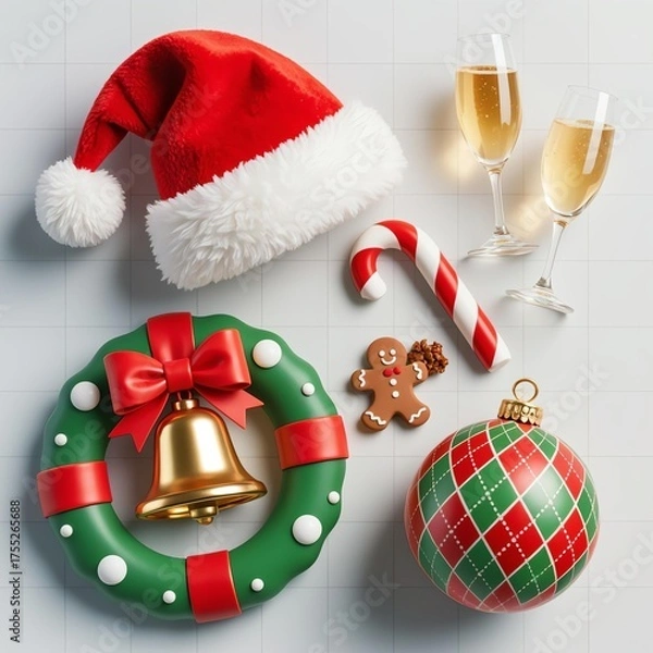 Fototapeta Photorealistic Christmas elements: Santa hat, champagne flutes, candy cane, wreath, golden bell, gingerbread man, acorn, heart-shaped gingerbread, bauble on light gray grid
