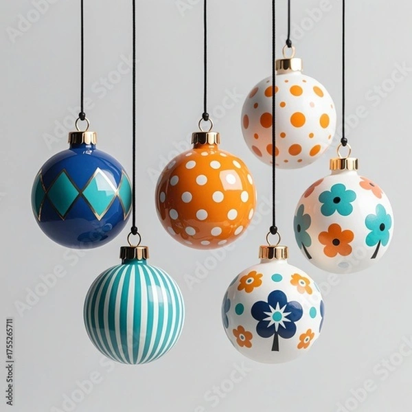 Fototapeta Six hanging Christmas ornaments with black string loops in blue, teal, orange, white, featuring geometric and floral/tree patterns, soft shadows on light gray background