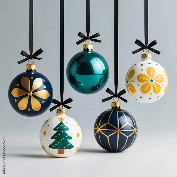 Fototapeta Six hanging Christmas ornaments with black string loops in blue, teal, orange, white, featuring geometric and floral/tree patterns, soft shadows on light gray background