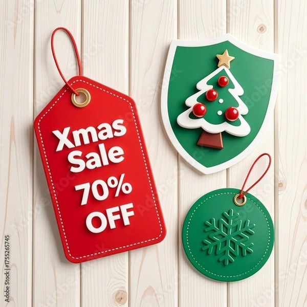 Fototapeta Photo-realistic Christmas sale tags (bell, tree, shield, circle) on light wooden planks