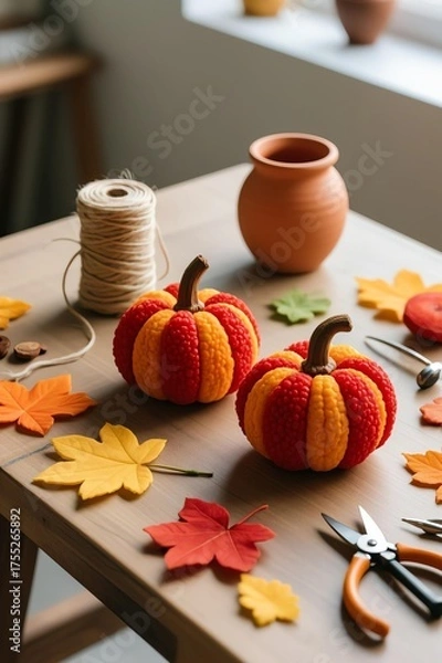Fototapeta Photorealistic autumn craft scene with felt and pom-pom pumpkins in warm tones, wooden table, twine, and crafting tools under soft natural light