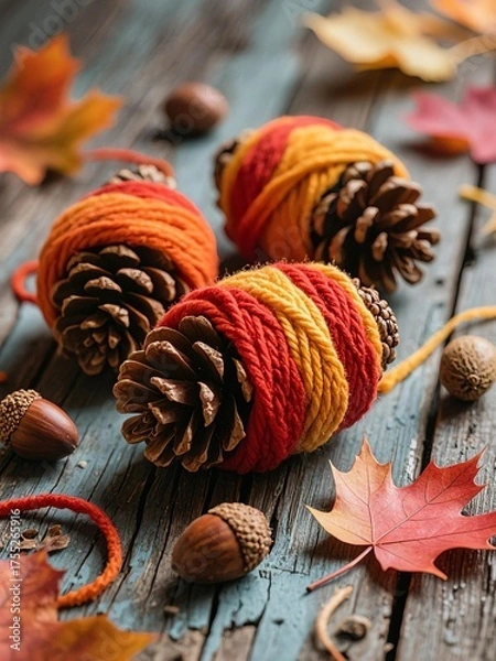 Fototapeta Photo-realistic autumn still life: Pinecones wrapped in orange, red, and yellow yarn on weathered wood with acorns and maple leaves