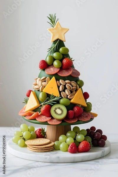 Fototapeta Photo-realistic Christmas tree charcuterie board with green olives, salami, pistachios, cheddar, strawberries, kiwi, grapes, rosemary, star cheese, and crackers on marble