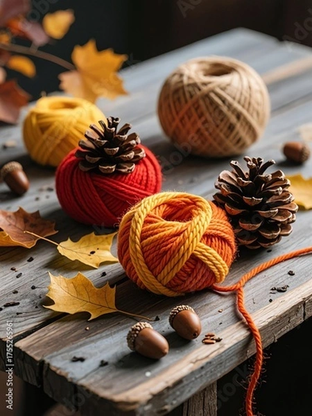 Fototapeta Photo-realistic autumn still life: Pinecones wrapped in orange, red, and yellow yarn on weathered wood with acorns and maple leaves