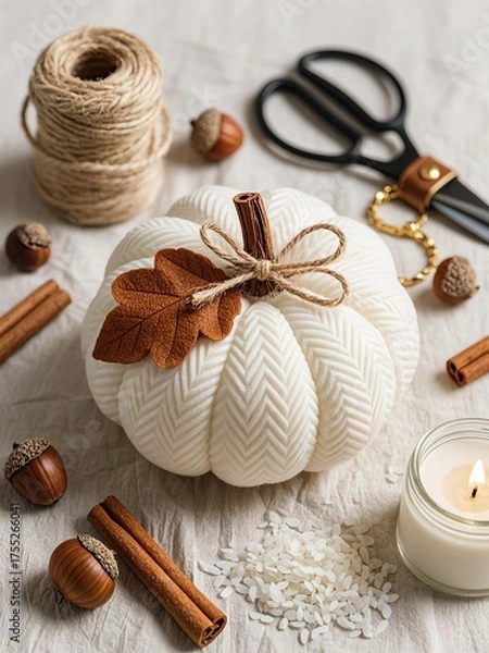 Fototapeta Photo-realistic top-down fabric pumpkin with white ribbed fabric, tan felt leaves