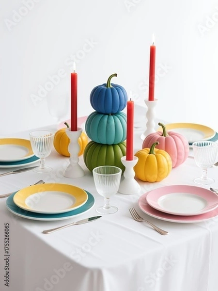 Fototapeta Photorealistic table setting with white pastel-rimmed plates, clear glassware, red taper candles, gradient pumpkins, white tablecloth on bright background