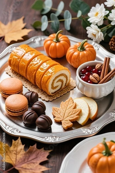 Fototapeta Photorealistic autumn dessert platter on silver tray with pumpkin roll, macarons, chocolate truffles, cranberry sauce, apple slices, orange pumpkins, oat cookies, and cinnamon sticks