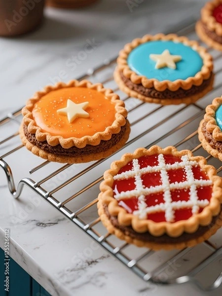 Fototapeta Photo-realistic pie-shaped cookies on metal rack and marble, crimped edges, star toppings, brown-orange-red-blue scheme, some burgundy and navy