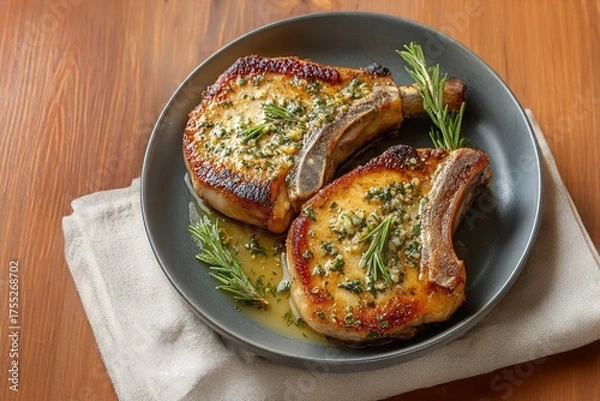 Fototapeta Two golden bone in pork chops with herb butter and rosemary sprigs on a dark gray plate Resting on a wooden table with a