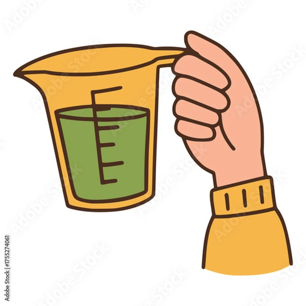 Fototapeta hand holding measuring cup for cooking flat color vector illustration template design