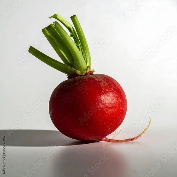 Fototapeta Vibrant Red Radish with Fresh Green Top on White Background.