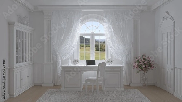 Fototapeta Elegant White Office with Scenic View, Featuring Modern Desk, Cozy Chair, Bright Curtains, and Natural Light in a Serene Environment Surrounded by Nature