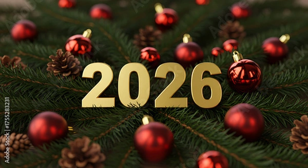 Fototapeta Festive 2026: A captivating arrangement of festive elements, including ornaments, pinecones, and evergreen boughs, forms the backdrop for the golden numerals, symbolizing the upcoming year.