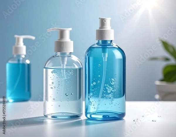 Fototapeta Hand Sanitizer Bottles - Cleanliness and Protection Against Germs.