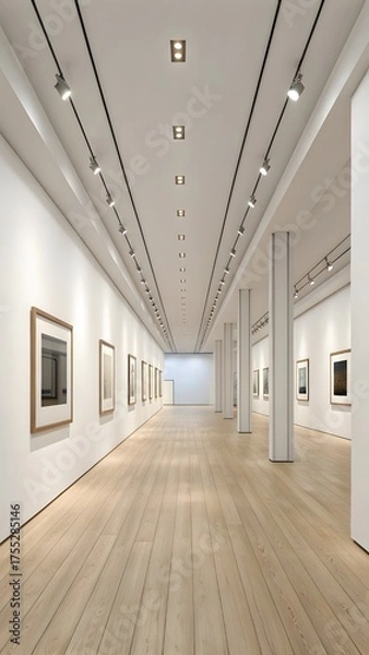 Fototapeta Modern Art Gallery Interior With White Walls Wooden Floor And Framed Paintings Under Bright Spotlights Display