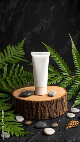 Fototapeta White Cosmetic Tube On Wooden Stand With Green Fern Leaves And Pebbles Representing Natural Skincare Product