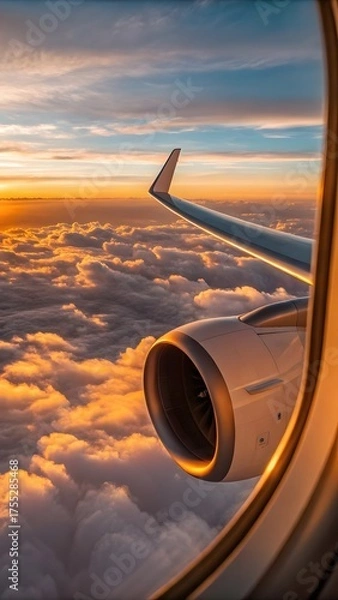 Fototapeta Airplane Wing And Engine View From Window Flying Above Clouds During Golden Sunset Sky With Scenic Horizon