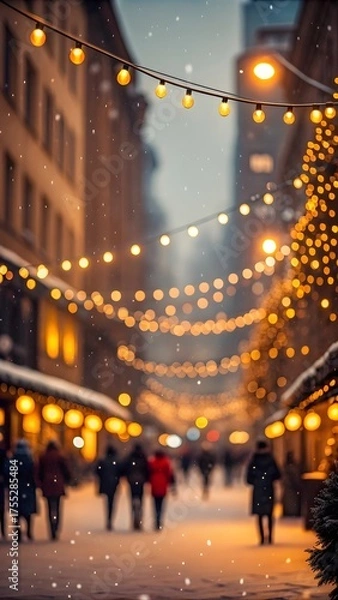 Fototapeta Beautiful City Street Decorated With Warm Christmas Lights And Snow Falling During Festive Winter Evening