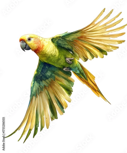 Fototapeta A golden parakeet in midflight isolated on transparent background, its wings outstretched, displaying its vibrant yellow and green plumage, creating a dynamic scene