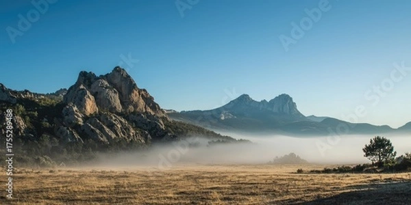 Obraz A misty landscape with rocky mountains and a clear sky, featuring a lone tree in the foreground and a vast, open field in the background.