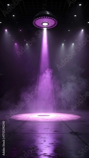 Fototapeta Futuristic Purple Spotlight Beam Shining In Dark Room With Smoke And Fog Sci Fi Stage Lighting Background