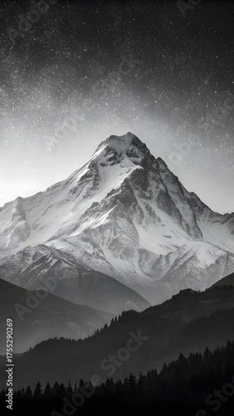 Fototapeta Majestic Snow Covered Mountain Peak In Black And White Landscape Under Starry Sky Nature Photography Concept