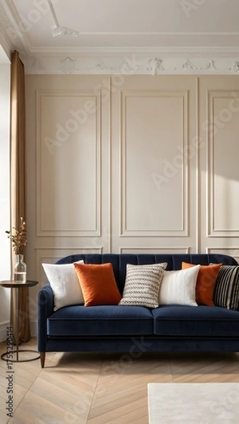 Fototapeta Modern Elegant Living Room Interior With Blue Velvet Sofa Colorful Cushions And Stylish Minimal Wall Design