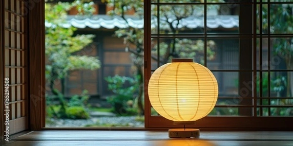 Fototapeta A traditional Japanese lantern illuminates a serene garden scene through a sliding glass door, casting a warm glow on the wooden floor and the wooden slats of the sliding door.