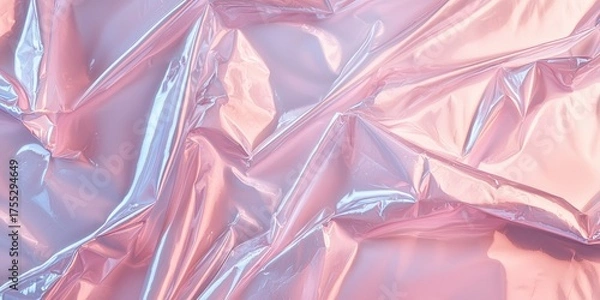 Obraz A crumpled, pastel pink plastic bag with a shiny, metallic sheen, lying on a smooth, reflective surface with a soft, blurred background.