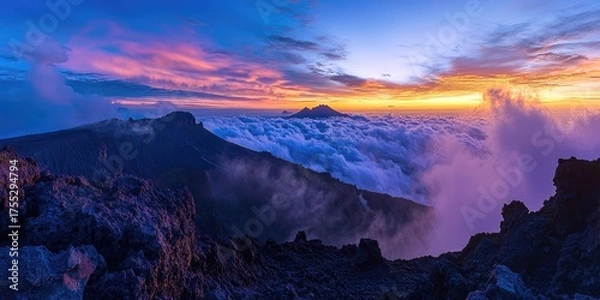 Obraz A breathtaking sunset over a mountain range with clouds and fog, featuring vibrant colors and a dramatic sky.