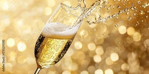 Obraz A champagne flute filled with champagne, with a splash of champagne in the air, against a golden background with bokeh effects.