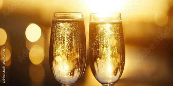 Obraz Two champagne glasses filled with champagne, standing on a table with a blurred background of a sunset.