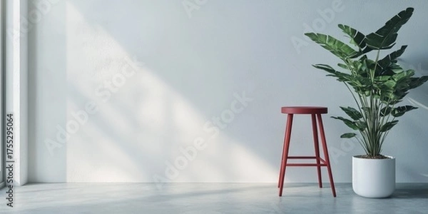 Obraz A minimalist white room with a red stool and a large green plant on a white pot, casting shadows on the wall.