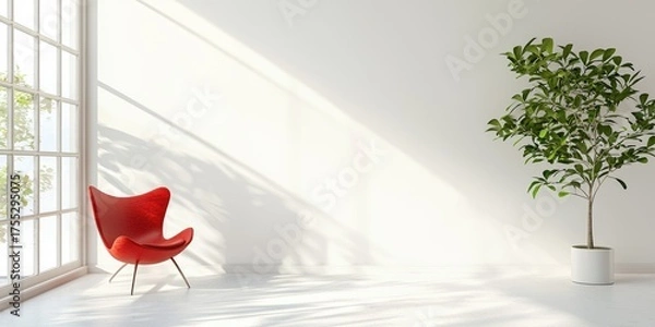 Obraz A minimalist white room with a red armchair and a potted plant, illuminated by natural light from a window.
