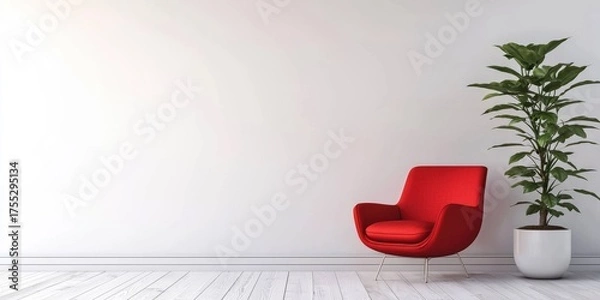 Obraz A minimalist white room with a red armchair and a potted plant, featuring a clean and modern design.