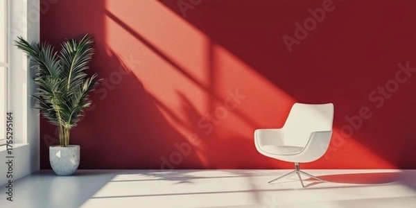 Obraz A minimalist interior with a red wall, a white armchair, and a potted plant in a modern setting.