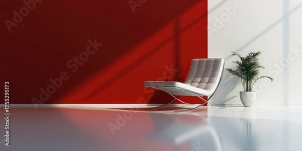 Obraz A minimalist white room with a red wall, a white chair, and a potted plant on a white floor.