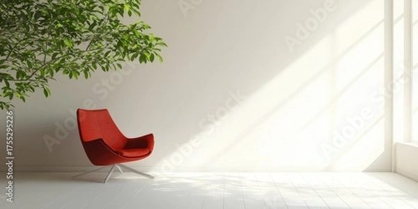 Fototapeta A minimalist white room with a red armchair and a large green plant, with natural light streaming in through a window.