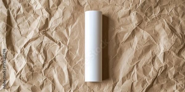 Obraz A white cylinder on a crumpled brown paper background with a white background.