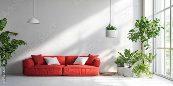 Obraz A minimalist living room with a red sofa, white walls, and potted plants, featuring a large window with natural light.