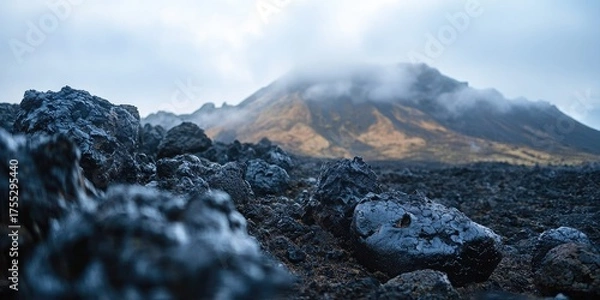 Obraz A rugged, rocky landscape with a mountain in the background, covered in clouds and fog, with a rocky foreground and a cloudy sky.