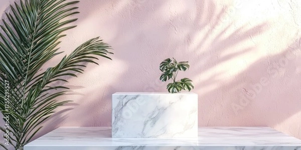 Obraz A marble podium with a plant and palm leaves on a pink wall with shadows.